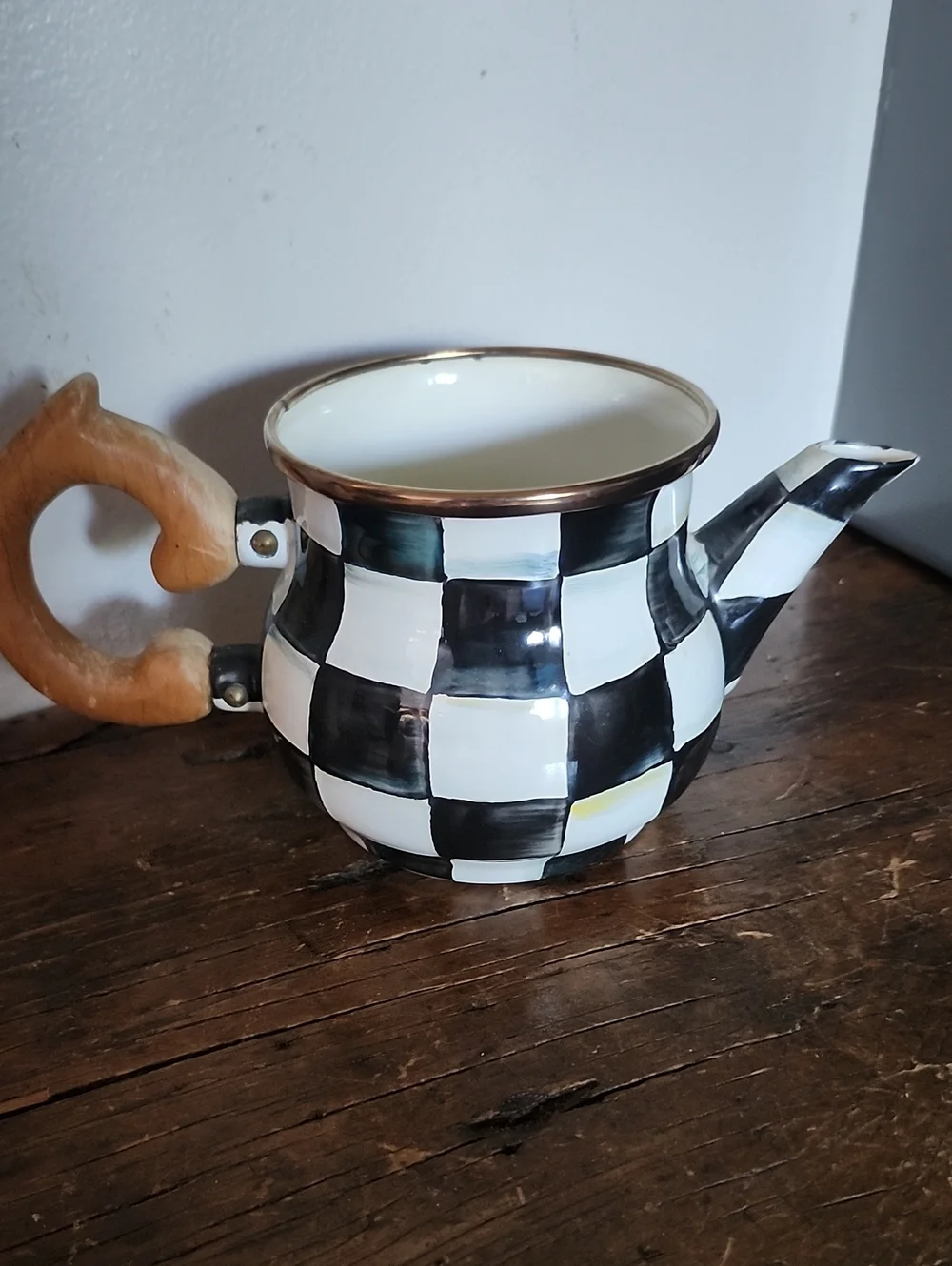 Mackenzie Childs Courtly Check Enamel Creamer With Wooden Handle